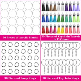 Audab Acrylic Keychain Blanks Kit - 120pcs Including Clear Acrylic Blanks, Keychain Tassels, Key Rings, Jump Rings for DIY Key Chain Vinyl Crafting