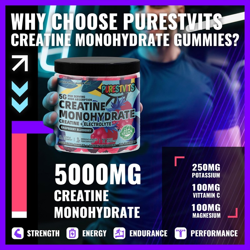 PURESTVITS Creatine Monohydrate Gummies (5g) – Pre-Workout Energy & Muscle