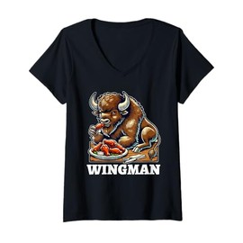 Womens Wingman - Funny Bison Eating a Chicken Wing in Buffalo NY V-Neck T-Shirt