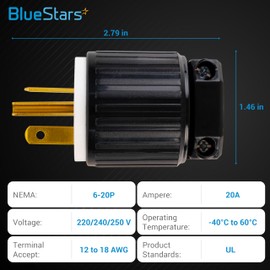 BlueStars Pack of 2 NEMA 6-20P Electrical Male Plugs, 20A 220 240 250 Volt AC 2 Pole 3 Wire Grounding Connectors Used for Welder Range Oven EV Dryer Generators, UL Listed