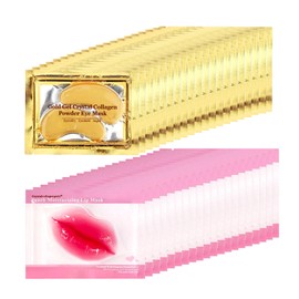 40 Pairs 24K Gold Eye Masks & Lip Masks, Crystal Collagen Under Eye Patches for Puffy Eye, Moisturizing Skin Care Lip Eyes Patches for Dark Circles, Wrinkles and Fine Lines (gold and peach red)