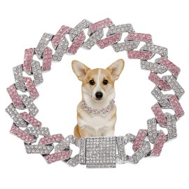 Pink Dog Chain Collar, Rhinestone Dog Necklace Puppy Collars Glitter Chain Bling Diamond Cuban Link for Small Medium Large Pet Dogs 14in