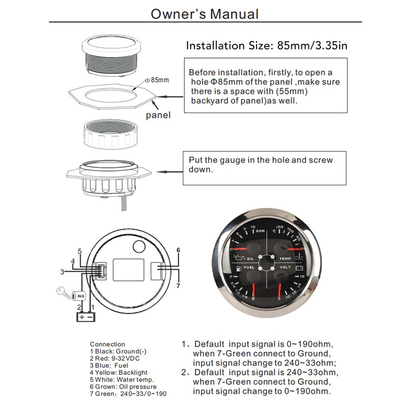 4in1 85mm Guage Multifunction Fuel Level Oil Pressure Water Temp
