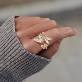 EVER FAITH Butterfly Open Rings for Women, Dainty Gold Plated CZ Adjustable Cuff Animal Statement Ring Delicate Finger Band Jewelry for Party