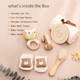 New Born Baby Gift Basket, Baby Boys Girls Shower Gifts with Wooden Lion Rattle, 6PCs New Born Essentials Bath Set with Baby Brush,Blanket,Milestones Cards