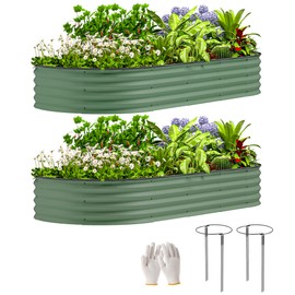 Outsunny 2PCS Galvanized Raised Garden Bed, 7' x 3' x 1' Raised Beds for Gardening with Plant Support Stakes, Rubber Strap Edging and Gloves, Metal Planter Box for Vegetables, Flowers, Green