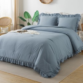 Andency Grayish Blue Queen Comforter Set(90x90Inch), 3 Pcs(1 Ruffle Comforter and 2 Pillowcases) Solid Bedding Comforter Sets for Queen Bed, Lightweight and Fluffy Soft Microfiber Bedding Set