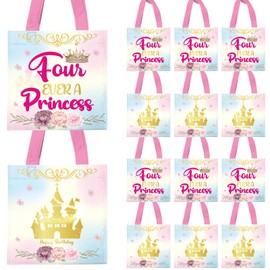 20Pcs Four Ever a Princess 4th Birthday Gift Bags, Princess Party Favor Non-woven Bags Castle Candy Goodie Bag Pink Princess Gift Bag for Girl Birthday Party Supplies