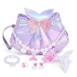 Belle&Birdie Mermaid Purse for Girls, Little Girl Purse with 6pcs Dress Up Jewelry Set Pretend Play Kids Accessories, Birthday Mermaid Toys for Girls, Kids,Toddler