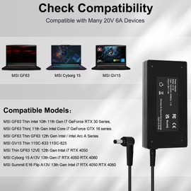 20V 6A Charger for MSI Thin GF63 13 12 11th Laptop MSI GV15 Thin MSI Cyborg 15 A12V A13V Summit E16 Flip A13V Power Supply MSI GF63 Thin Charger MSI Creator M14 Power Cord