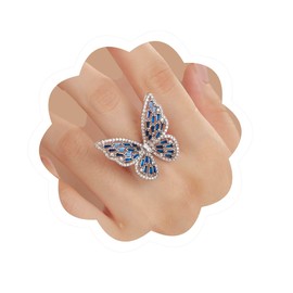 Aimimier Crystal Butterfly Ring Cubic Zirconia Open Adjustable Bow-Knot Knuckle Ring Sparkling Festival Prom Butterfly Jewelry for Women(Silver-blue)