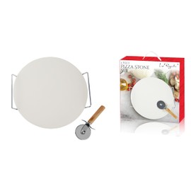 Le Regalo 3 Piece Pizza Stone Set - Cordierite Ceramic Stone for Crispy Crust, Durable Construction, Oven Safe to 450°F, Includes Serving Rack and Rolling Cutter