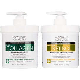 Advanced Clinicals Retinol Body Lotion + Collagen Cream Fragrance Free Face Moisturizer & Body Cream 2pc Skincare Set For Women & Men Helps Reduce Appearance Of Crepey Skin, Wrinkles, & Dry Skin, 2pc