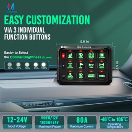 MICTUNING 12 Gang Switch Panel P1S-G12 Green 80Amp 960/1920W Toggle/Touch ON-Off Momentary Circuit Control Relay Box for Camper RV ATV SUV UTV Truck Car Marine, 2 Years Warranty