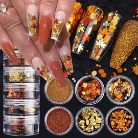 6Grids Fall Nail Glitters 3D Gold Maple Leaf Nail Sequins with Glitter Powder Gold Hexagon Maple Leaves Shaped Sparkly Supplies Autumn Nail Stickers for Women Manicure Charms Thanksgiving Decorations