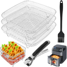 Air Fryer Accessories Stackable Rack Baskets Set of 3, Stainless Steel Square Baking Trays with Clip and Oil Brush for Instant Vortex, cosori Air Fryer, Ninja Foodi Grill, Multi-Layer Dehydrator Rack