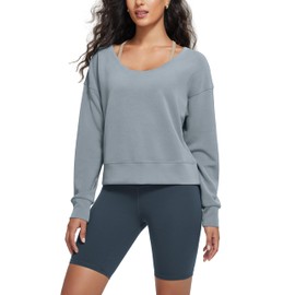 ODODOS Women's Modal Soft-Breezy Wide Scoop Neck Pullover Oversized Long Sleeve Sweatshirts, Grey Blue, Small