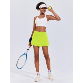 PINSPARK Pleated Tennis Skirts for Women with Shorts Breathable Golf Skorts 14" High Waisted Sport Skirt, Neon Green Medium