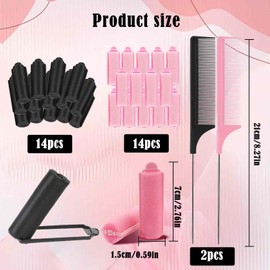 42-Piece Foam Hair Rollers Set with 2 Tail Combs - 14 Pink and 28 Black, Soft and Durable, Easy to Use for Beautiful Curls, Ideal for All Hair Types, No Heat Needed