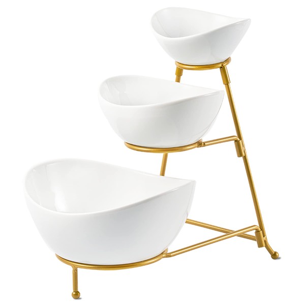 LYEOBOH 3 Tier Serving Bowls Set Tiered Serving Stand, Porcelain Oval Bowls with Collapsible Metal Stand for Entertaining, Party, Dessert Display, Candy, Chip and Dip (Gold)