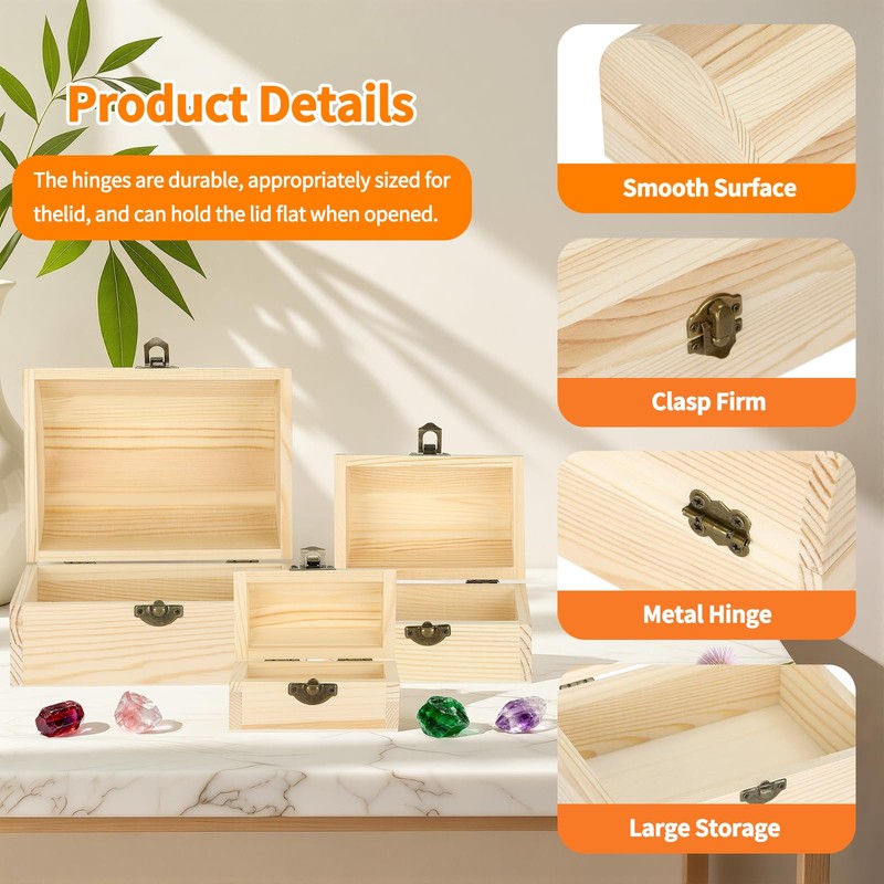 3 Pcs Unfinished Wooden Storage Box for DIY (Small+Medium+Large)