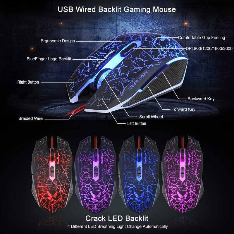 BlueFinger Backlit Gaming Keyboard and Mouse and LED Headset Combo,USB
