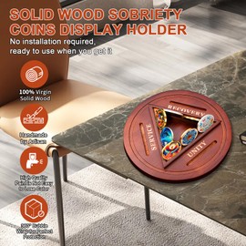 Solid Wood Sobriety Coins Display Holder, Round Alcoholics Anonymous Coin Display Case, AA Medallion Stand Holds 13 Tokens, AA Chip Holder for Sobriety Gift (Walnut)