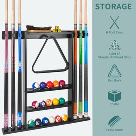 Pool Stick Holder, Wall Mount Pool Cue Rack ,Solid Wood Floor Stand for billiard cue sticks,Holds 6 Pool Cues & a Full Set of Balls,Professional Pool Table Accessories for Billiard Room or Club