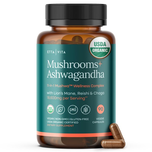 USDA Organic Lions Mane Supplement Capsules with Ashwagandha, Chaga, Reishi,