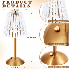 Liliful 2 Pcs LED Portable Cordless Gold Table Lamp Touch Battery Operated Rechargeable Desk Lamp 3 Color Dimmable for Bedroom Living Room Dining (Classic Style)
