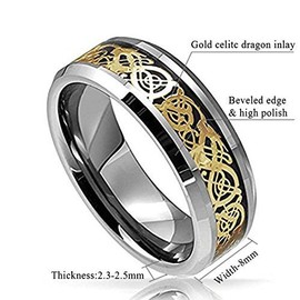 8mm Tungsten Carbide Ring Silvering Celtic Dragon Blue Carbon Fibre Inlay Wedding Band Size 6-13 (11, Gold)