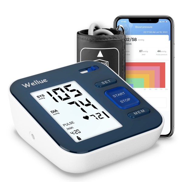 Wellue Bluetooth Blood Pressure Monitor - Digital Upper Arm Blood Pressure with Wide Range Cuff, Large Backlit LCD, Storesup to 240 Readings for Two Users, BP Monitor for iOS & Android Devices