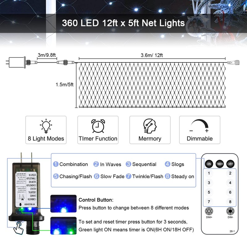 JMEXSUSS 360 LED Net Christmas Lights Outdoor Waterproof, Connectable 12ft