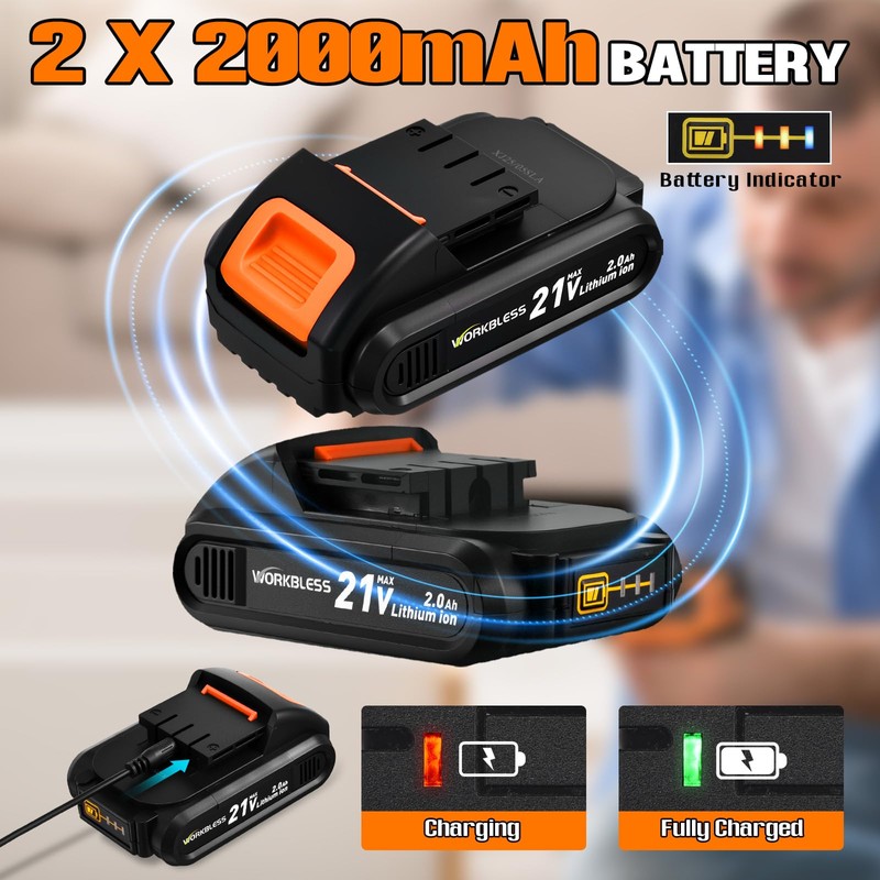 WorkBless WORKBLESS 21V Power Drill Set, Cordless Drill with Batteries