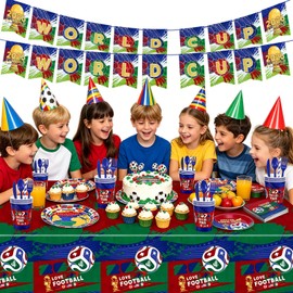 2026 Soccer Party Decorations, 194PCS World Soccer Birthday Flags Tableware Kit, Including 7 & 9 Inch Plate, 24PCS Paper Cup & Straws Knives, Forks, Spoons, 1 Banner, 1 Tablecloth for Living Room