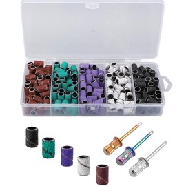 Yakamoz 250Pcs Sanding Bands for Drill Nail, 5 Colors Sanding Bands #80#120#180#240 with 3 Mandrel Bits for Acrylic Nails Manicures Pedicures