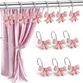 12PCS Decorative Shower Curtain Hooks with Shining Diamond,Rust Resistant Pink Bow Knot Hangers,Cute Shower Curtain Rings Hooks for Home Bathroom Decor Supplies