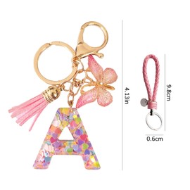 NyxSeat 1 Piece Resin Letter A Keychain with 1 Piece Pink Braided Leather Cord Keychain, Butterfly Tassel Keychain, Heart Glitter Keychain, pink