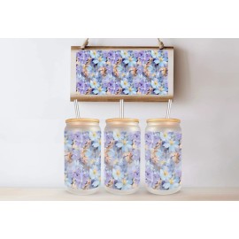 Mugzan Purple Flowers Painted Style Frosted Glass Can W/ Bamboo Lid 16 Oz Glass Cup