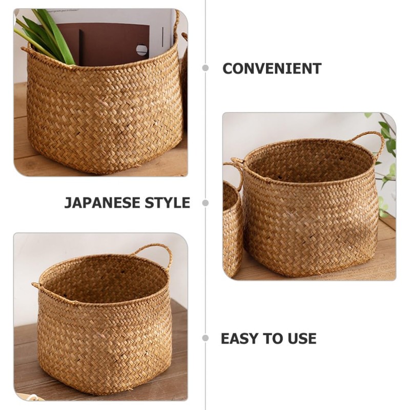 Kichvoe Rattan Storage Boxes With Handles - Cane Seagrass Plant
