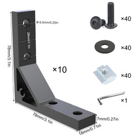 10Sets 2020 Aluminum Extrusion Corner Brackets,Strong Heavy Duty L Shape Brackets Sets with 40Pcs M5 T-Slot Nuts, 40Pcs Screws,Gasket and1Pcs Wrench (Black)
