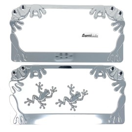 Chrome Frog License Plate Frame Set of 2 with 2pcs 3D Metal Car Frog Sticker Badge Emblem Sticker (Silver)