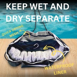 JIMJOOS Drawstring Mesh Swimming Bag - 25L Waterproof Swim Bag with Wet/Dry Compartment, Multifunctional Sports Backpack for Kids, Adults, Swimming, Surfing, Beach, Gym (GREY)