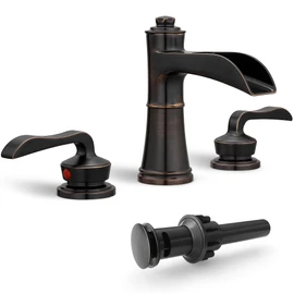 HEYMYTAP 4-16 Inch Widespread Faucet Bronze Waterfall Bathroom Faucet 3 Hole Bathroom Sink Faucet, Brass Bath Faucets for Sink Two Handle Vanity Faucet with Drain and Supply Water Hose