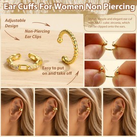 Thunaraz Ear Cuff Non Piercing Gold Clip on Earrings 18K Gold Plated Ear Cuffs for Women Adjustable Chunky Fake Piercing Earrings Set Hypoallergenic Cartilage Helix Wrap Earring Set