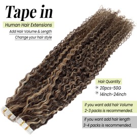 Tape in Hair Extensions Jerry Curly Human Hair Tape in Extensions Curly Remy Hair Tape ins Extensions 16 Inch Chocolate Brown Highlighted Caramel Blonde Tape on Extensions 20pcs 50g