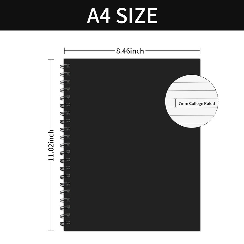 Ouzoustate Lined Spiral Notebook A4 Large Black Journal 8.5" x