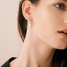 FOCALOOK Women's Earrings 6 mm / 8 mm Freshwater Pearl Dangle Earrings 925 Sterling Silver Earrings with Pearl Jewellery Accessory for Mother Grandmother Birthday Mother's Day, Sterling Silver, Pearl