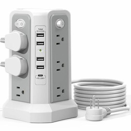 2500W USB C Port Power Board Tower, US Plug Surge Protector with 12 AC Sockets & 5 USB Charging Ports & 10ft Extension Cord, Surge Protector Power Tower for Home Office Dormitory, Home Accessories