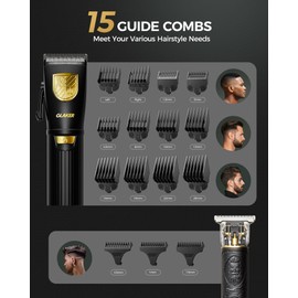 GLAKER Hair Clippers for Men Professional, Cordless Clippers for Hair Cutting, Mens Hair Clippers and Trimmer Kit for Barber with LED Display 15 Guide Combs,Mens Gifts